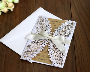 European laser-cut floral wedding invitation set with white shell and kraft paper insert