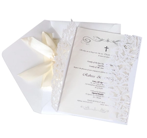 Elegant white laser cut butterfly wedding invitation set with ribbon and envelope