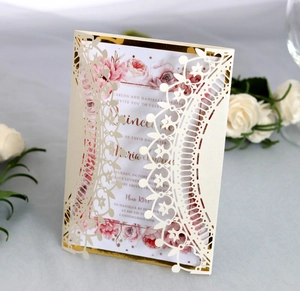 Elegant blue laser-cut hollow crown invitation with gold mirror border and floral insert