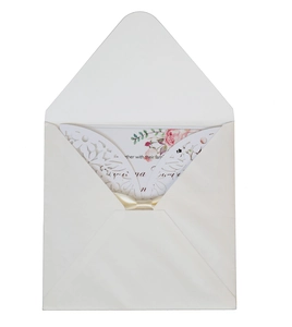 Laser cut lace wedding invitation set with champagne ribbon and pink floral card inserts
