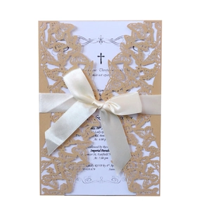 Laser cut butterfly wedding invitation with cream satin ribbon and elegant inner page