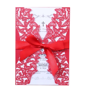 Elegant red laser cut butterfly wedding invitation with white inner card and large silk bow