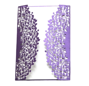 Elegant laser-cut purple pearl paper wedding invitation pocket with vine hollow leaf pattern