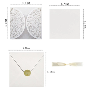 Laser cut floral wedding invitation set with white envelopes and satin ribbons 5.9 inch