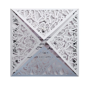 Laser cut butterfly wedding invitation cover with intricate hollow floral patterns