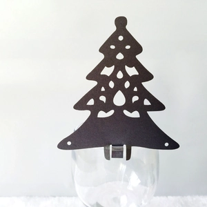 Laser cut dark brown Christmas tree wine glass card with hollow snowflake pattern decor
