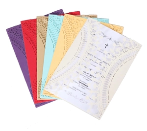 Intricate laser cut geometric floral invitation cards in various elegant colors