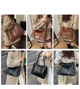 Collage of a vintage leather tote bag shown from multiple angles on a model
