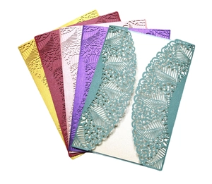 Navy blue and multicolor laser cut wedding invitation cards with lace patterns