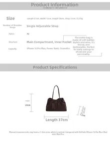 Detailed size chart for retro PU leather tote bag with specific dimensions and capacity