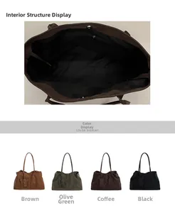 Detail view of large tote bag interior and four color options in brown and green