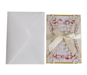 European red hollow lace wedding invitation set with champagne ribbon and floral inner card