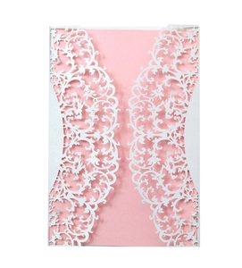 Laser cut white lace invitation card with pink insert for weddings and engagements