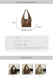 Detailed size chart for the PU leather tote bag showing width, height, and strap length