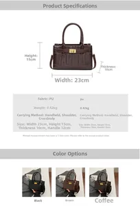 Detailed size specifications for croc-pattern PU tote bag with dimensions and multi-color view