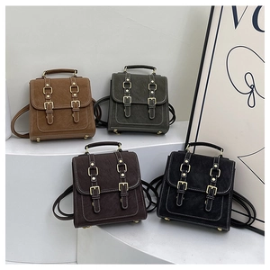 Detailed collection of vintage mini leather backpacks in brown, green, coffee, and black