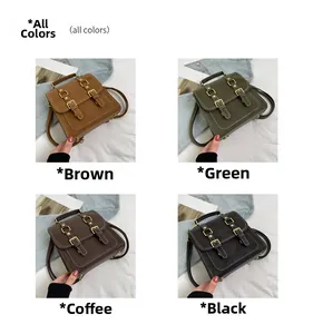 Collage of vintage faux suede backpacks in brown, green, coffee, and black options