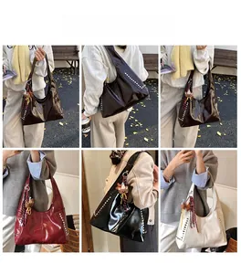 Detail shots showing high-capacity leather tote bags with silver studs in various colors