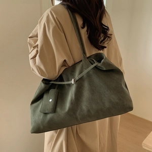 Olive green matte shoulder tote bag for women with large capacity and matching pendant charm