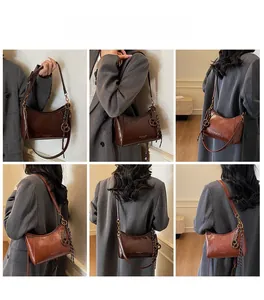 Detailed views of vintage waxed leather handbag showing crossbody and shoulder carry styles
