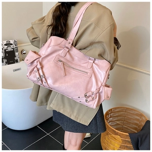 Pink large-capacity shoulder bag with litchi texture PU leather and metal buckles