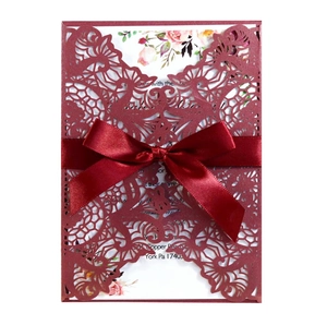 Laser Cut Hollow Wedding Invitations Ribbon Bow Artificial Pearl Paper Floral Greeting Cards For Romantic Engagement Party Ceremony