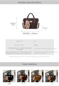 Size chart and specifications for the PU leather bucket bag with dimensions and features