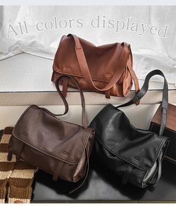 Detailed comparison of vintage messenger bags in brown, coffee, and black matte leather