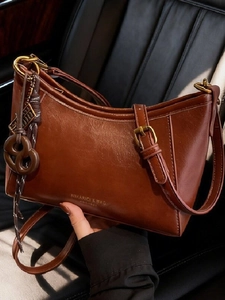 Retro PU Leather Shoulder Underarm Bag For Women Glossy Oil Wax Texture Commuter Crossbody Bag With Stitching Details