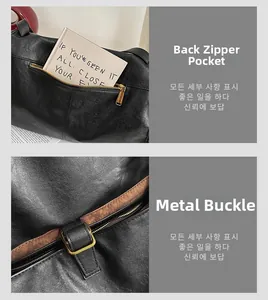 Detail view of the secure rear zipper pocket and polished gold metal buckle on a black bag