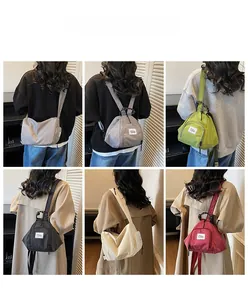 Multiple ways to wear the waffle texture mini backpack in various colors on models