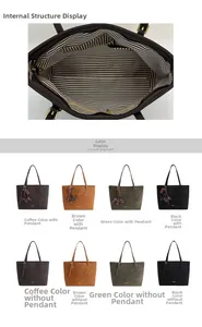 Detail view of large tote bag with striped lining, zip pocket, and color options
