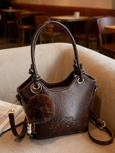 Retro PU Leather Bucket Bag For Women Fashion Simple Shoulder Crossbody Bag With Fur Ball Pendant Small Handbag