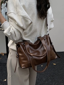 Retro dark brown large capacity faux leather tote bag with adjustable shoulder strap