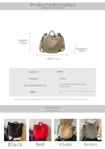 Detailed dimension chart and four-color display of this minimalist canvas shoulder bag