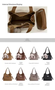 Detailed view of leather bucket bag with inner pouch and bunny charm in multiple colors