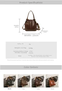 Detailed size specifications for bucket bag featuring wide woven shoulder strap and PU leather