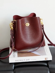 Women Retro Litchi Pattern PU Leather Bucket Bag Gold Twist Lock Shoulder Crossbody Satchel Versatile Urban Fashion Purse