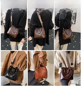 Collage of model styling versatile bucket bags with wide geometric straps in four colors