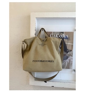 Detail of canvas tote bag with Pantor Stories text and adjustable shoulder strap