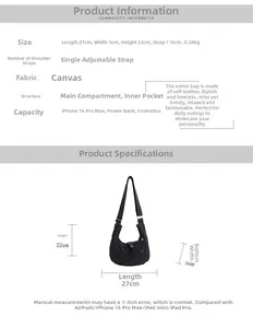 Detailed size specifications of the black canvas crossbody bag with measurements and features