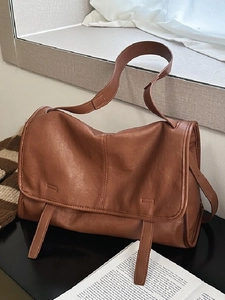 Large Capacity Vegetable Tanned Leather Messenger Bag For Women Retro Flap Shoulder Crossbody Bag Casual Commuting Satchel