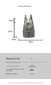 Größentabelle mit 30x37x14cm Abmessungen und Details für den grauen PU-Rucksack