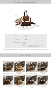 Detailed size chart of small faux fur patchwork backpack with plush bunny charm