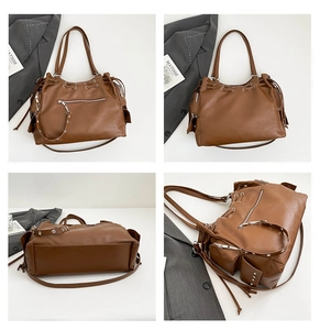 Detail shots of brown tote bag with metal rivets, side pockets and textured faux leather