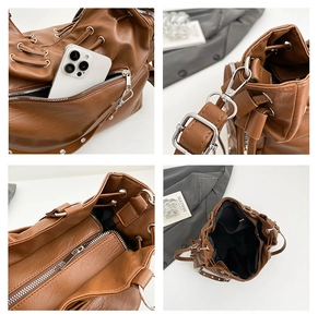 Detailed views of brown PU leather tote with silver hardware and large phone pocket