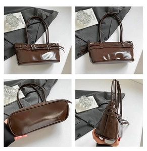 Detailed four-way view of brown glossy tote bag with silver buckles and pleated texture