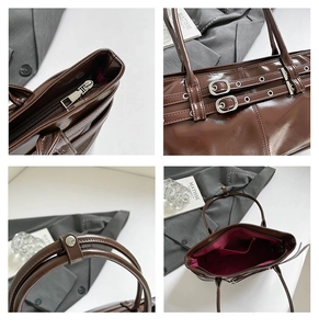 Detailed views of dark brown tote bag with glossy finish and silver hardware accents