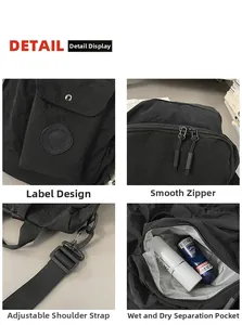 Detail view of black nylon backpack featuring dual zippers and wet dry separation compartment
