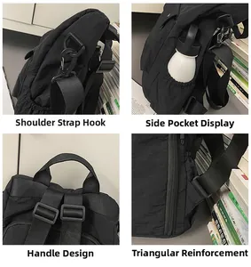 Detail view of nylon backpack featuring reinforced stitching, side pocket and metal strap hook